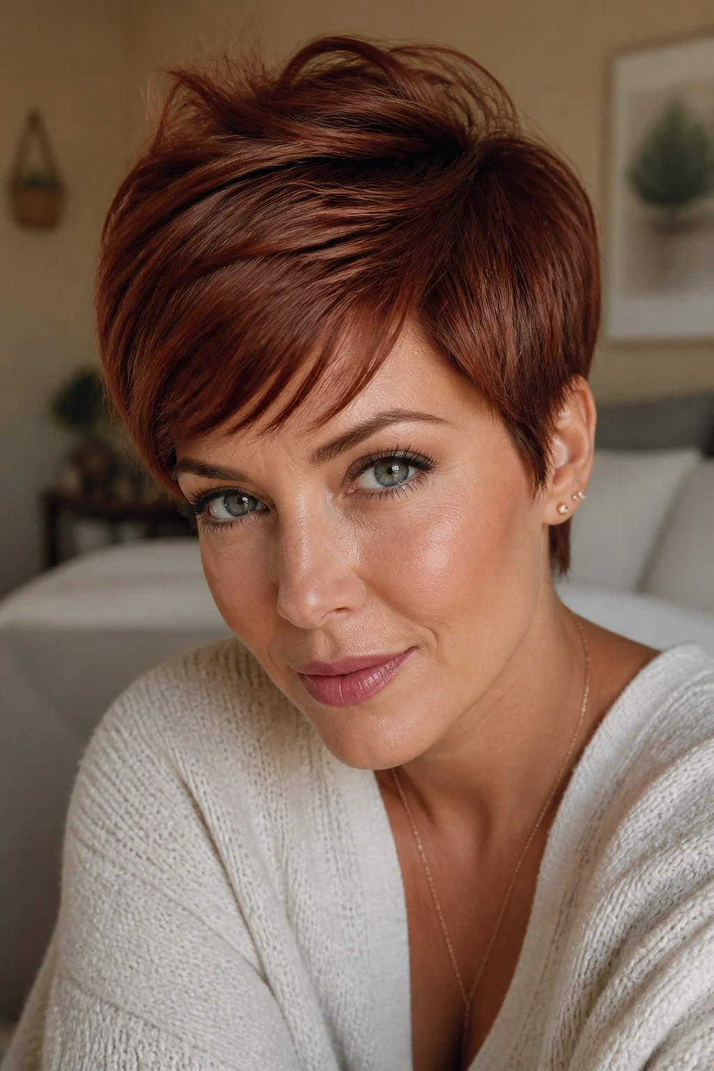 Close-up portrait of a real woman with cinnamon mahogany pixie in warm bedroom light