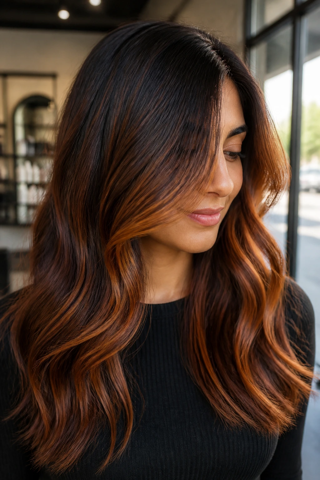 Close-up portrait of a real person with cinnamon melt balayage on chocolate-brown hair in sunlit salon lighting