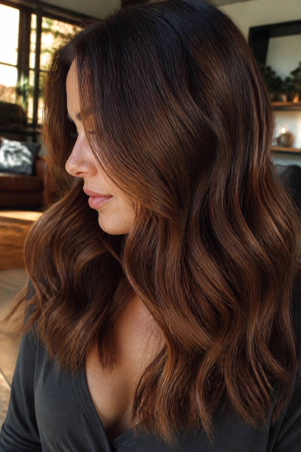 Close-up portrait of a real woman with Cinnamon Mocha Brown hair