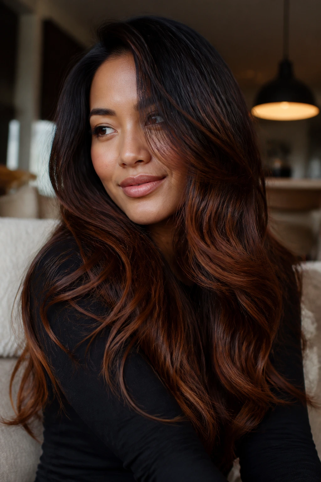 Close-up of a real woman's long hair in black to cinnamon fade with multiple warm tones at the ends.