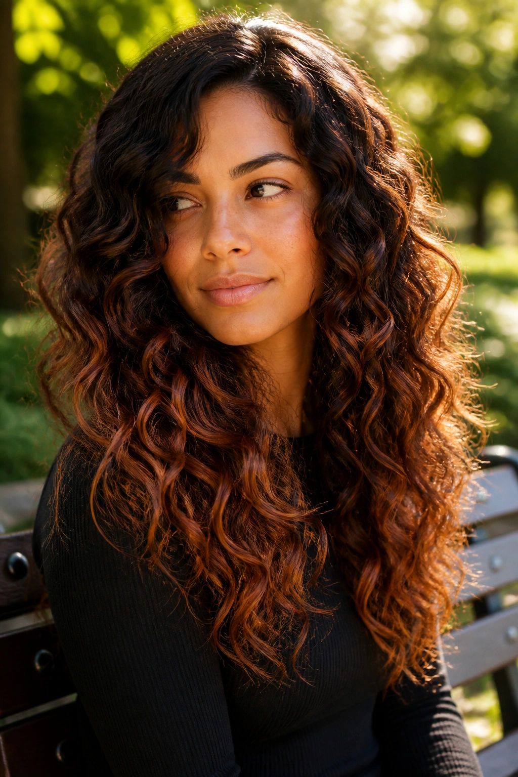 Close-up of a real woman with cinnamon ribbon ombre on curly hair.