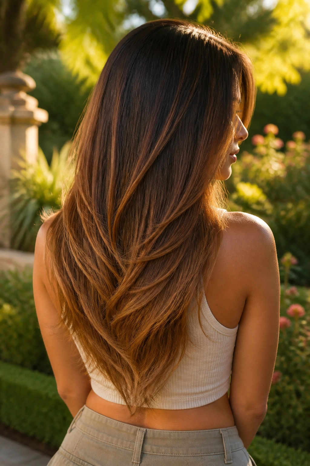 Rear view of a real woman's cinnamon ombre with a V-cut