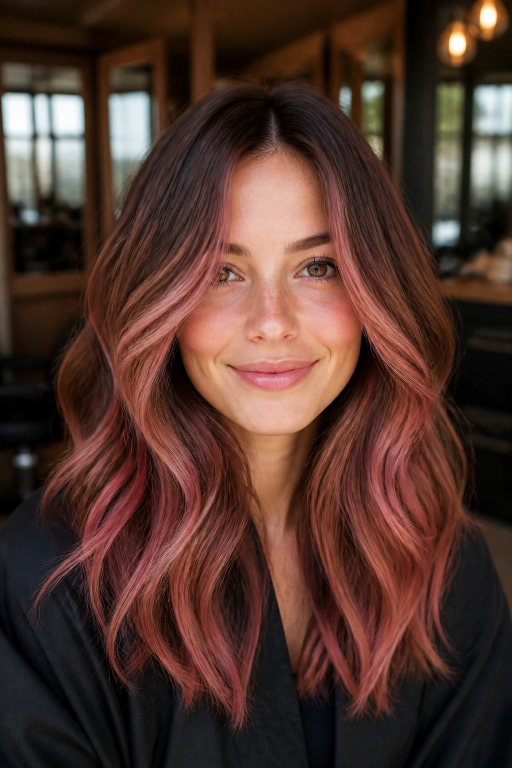 Close-up of a real woman with cinnamon pink balayage on warm brown hair