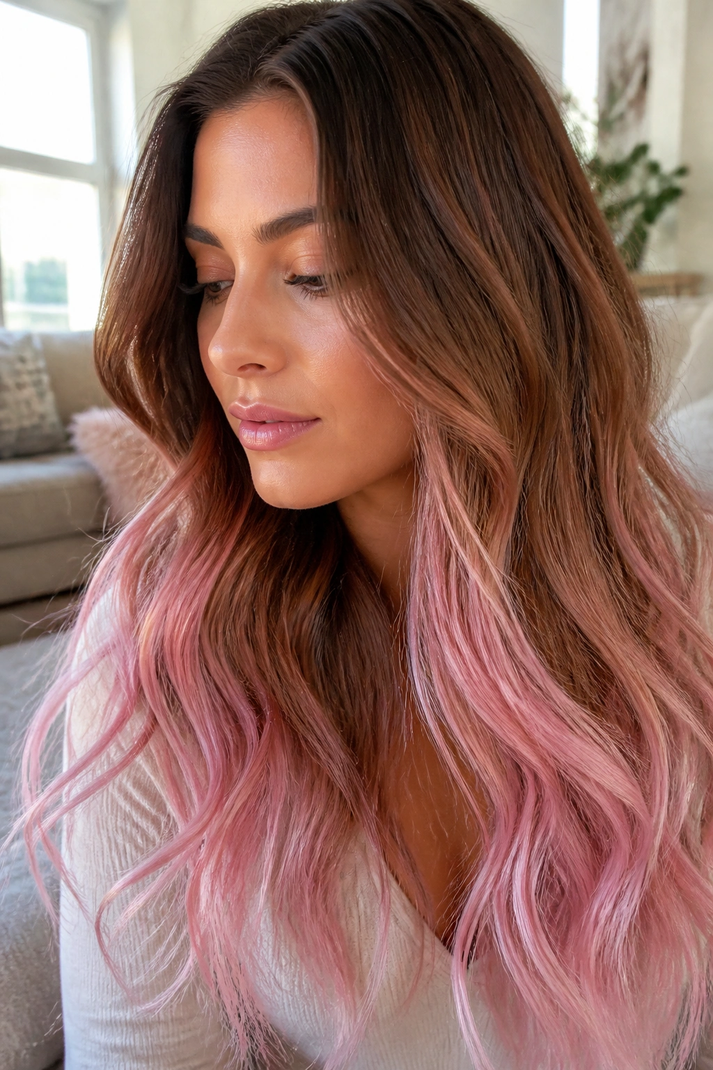 Cinnamon brown to pastel pink ombre hair with waves