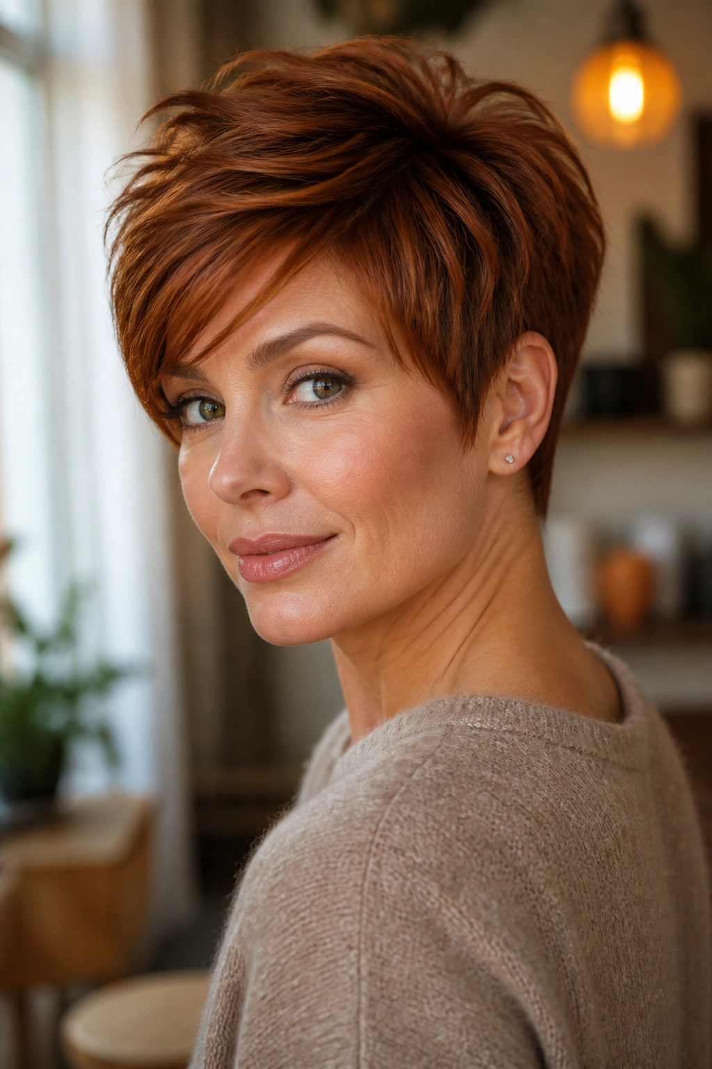 Close-up of a real person with cinnamon pixie bob in warm light