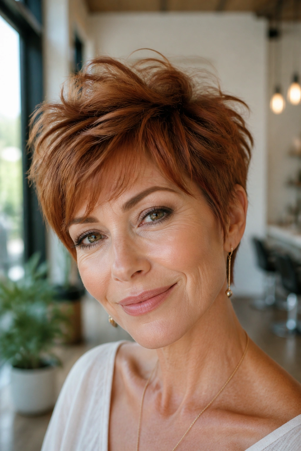 Close-up of a real woman with a cinnamon pixie for fine hair in a bright salon
