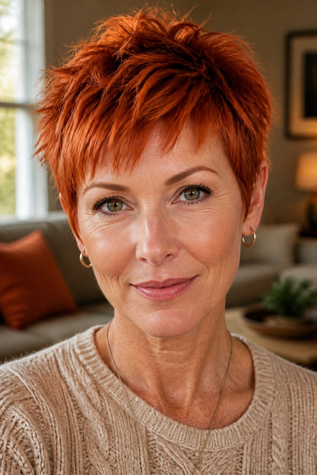 Close-up portrait of a real person with cinnamon choppy pixie with piecey ends in warm living-room lighting.
