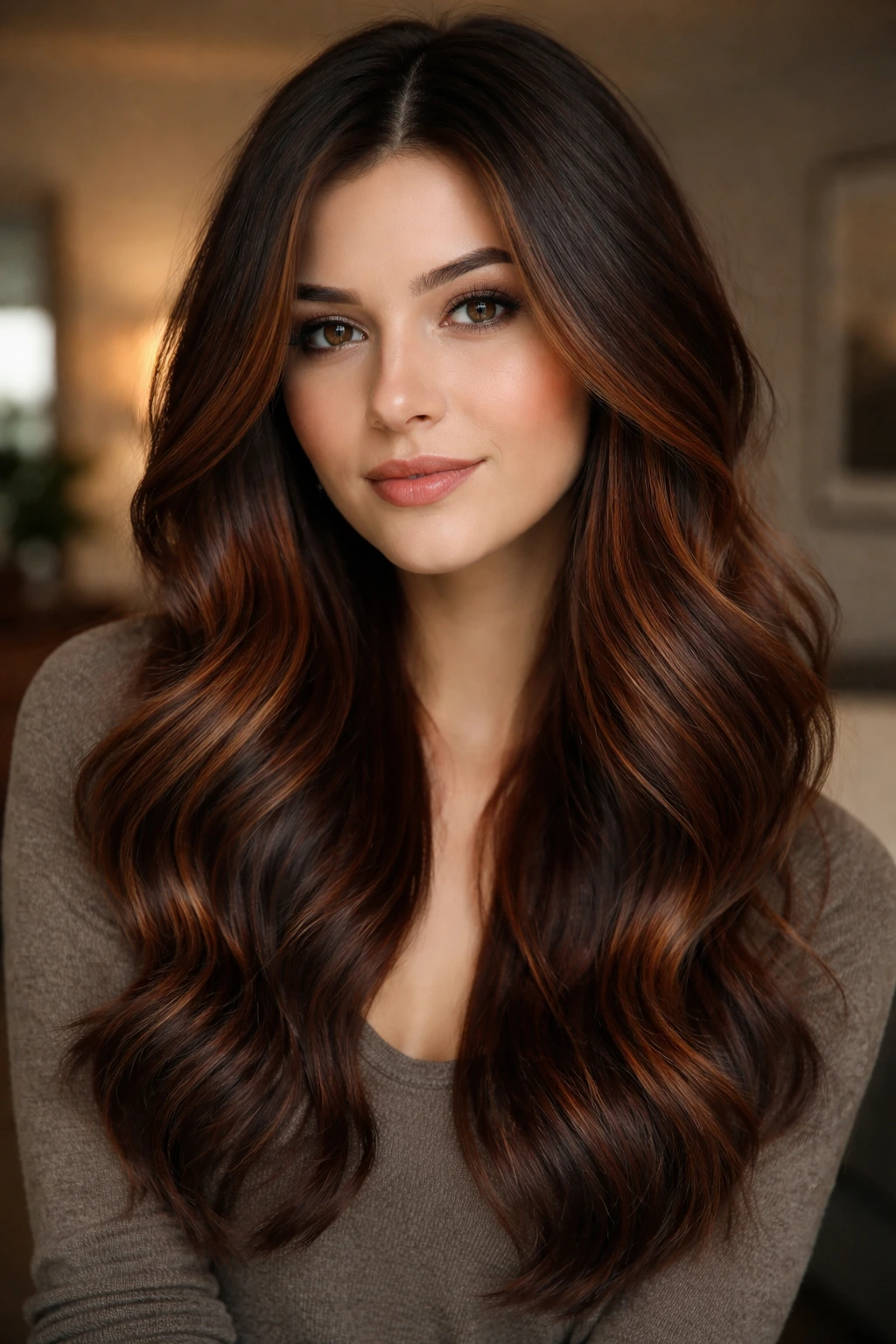Close-up of a real woman with cinnamon-red balayage adding warmth to brunette hair