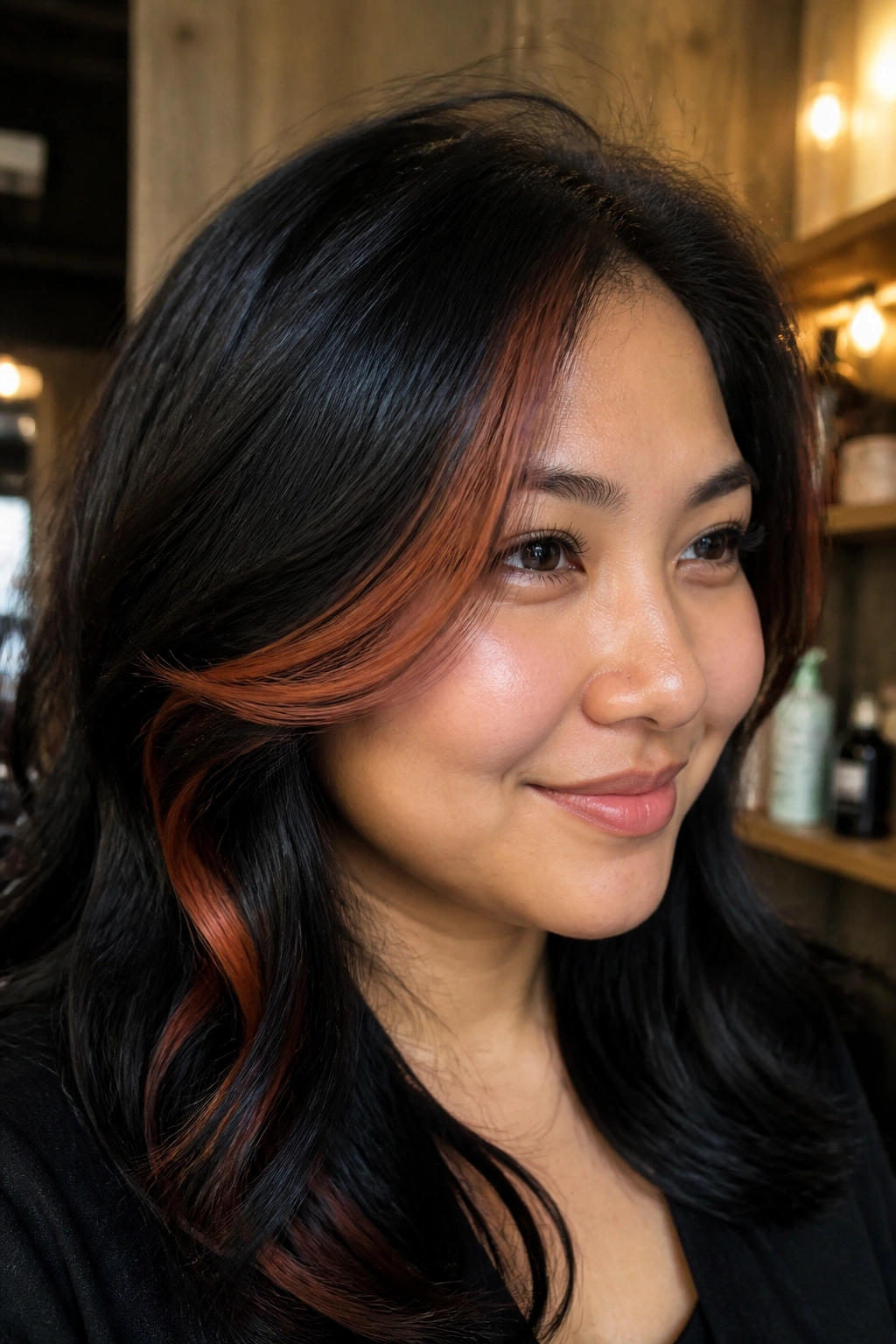 Close-up of hair with cinnamon-red curved highlight band following the face.