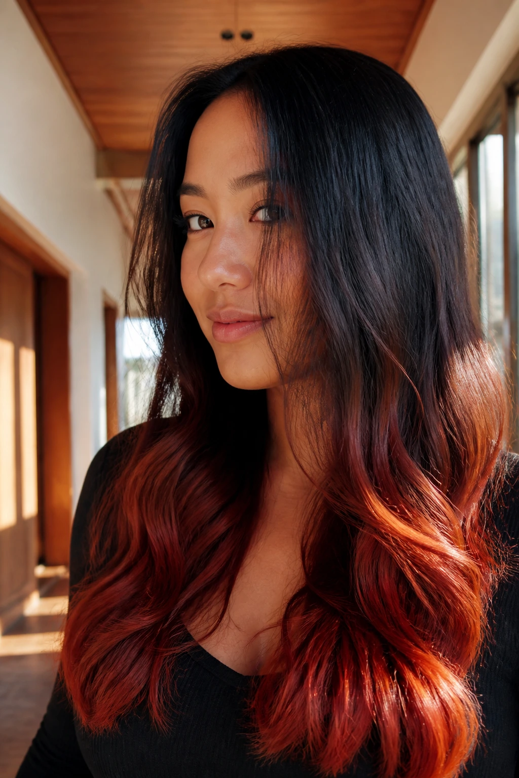 Close-up of a real woman with cinnamon-red dip-dyed ends on long hair.