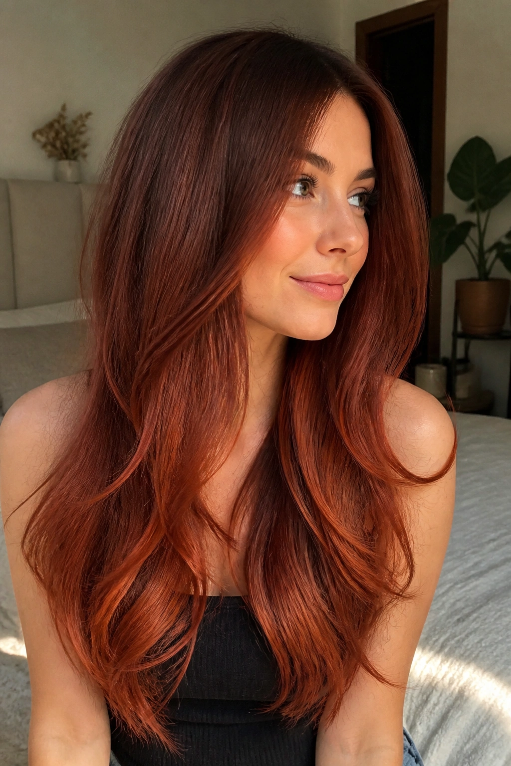 Long cinnamon red melt hair gradient on a real woman in a sunlit bedroom