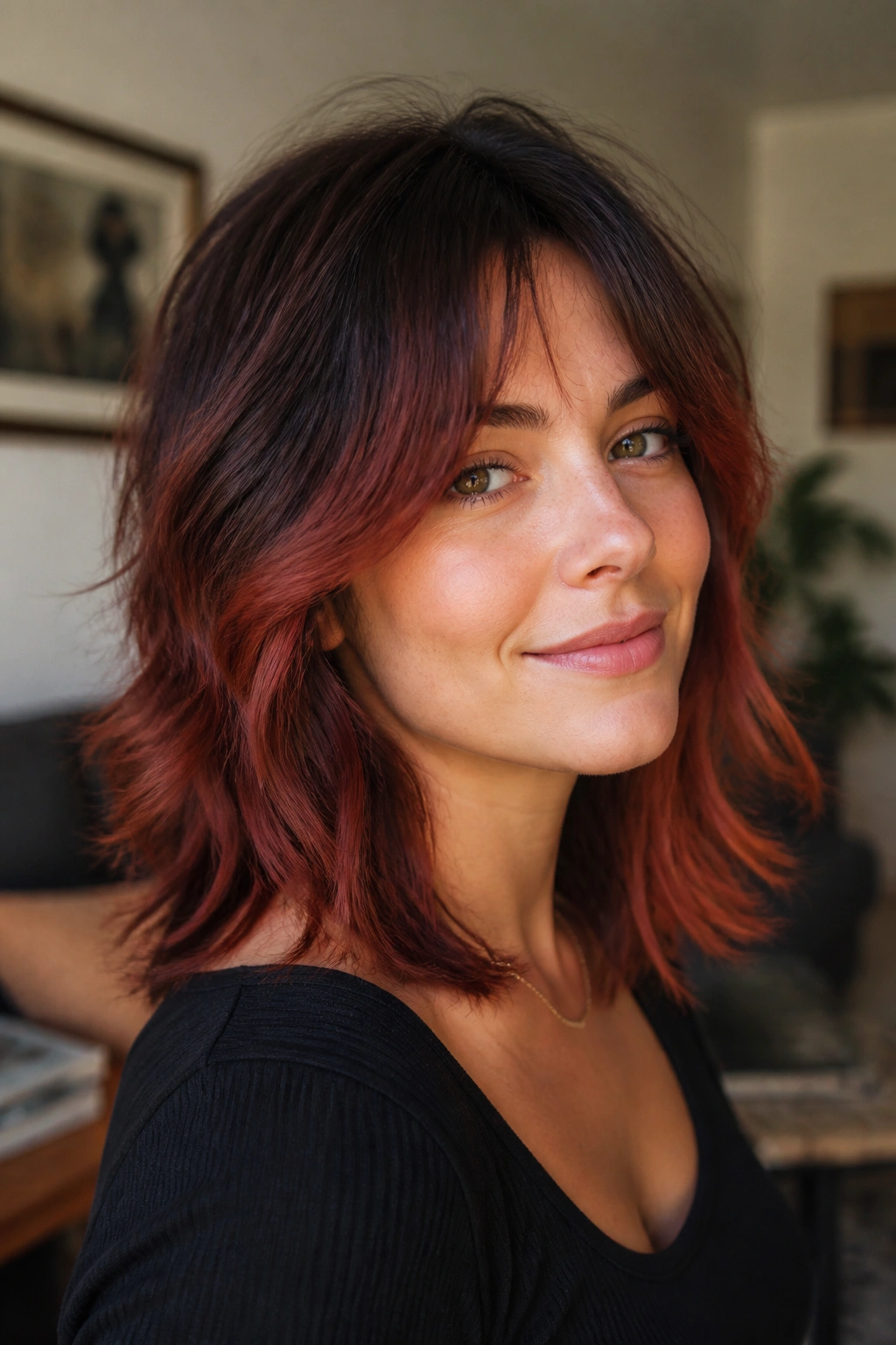 Portrait of a woman with cinnamon-red melt on a medium shag hairstyle