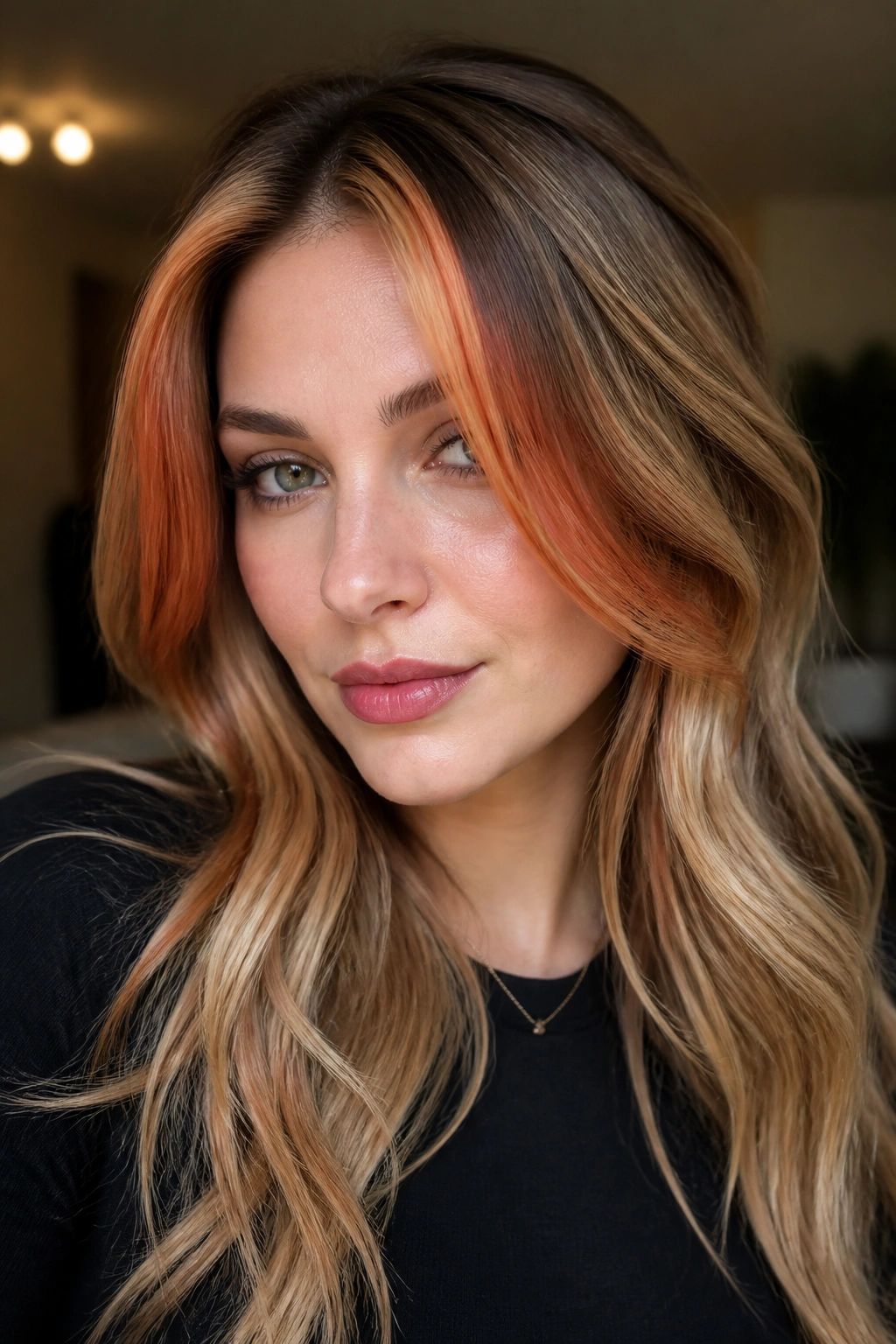 Close-up portrait of a real woman with cinnamon red money piece framing the face against blonde hair, warm root shadow.
