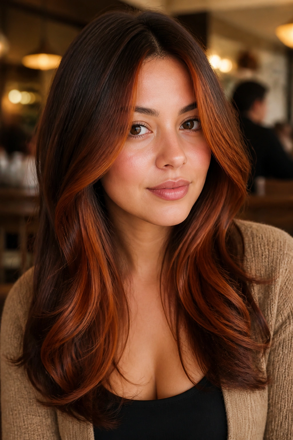 Close-up of a real woman with cinnamon red money pieces framing the face.