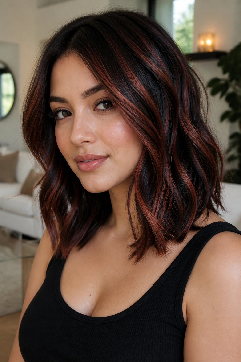 Lob with cinnamon-red ribbon highlights diagonally from cheek to collarbone
