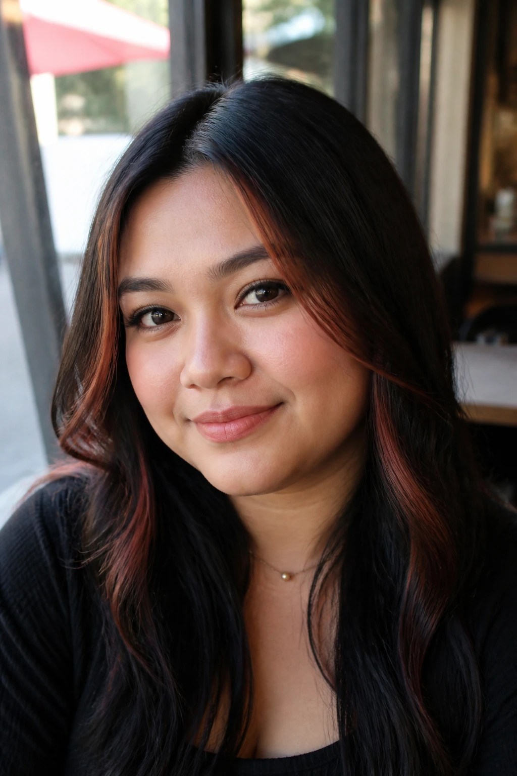 Portrait of a real person with cinnamon-red streaks near the front hairline