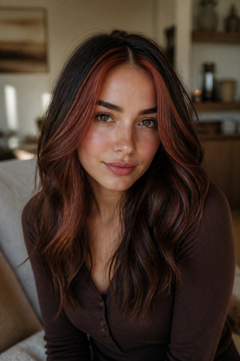 Close-up portrait of a real woman with a cinnamon red stripe in brown hair