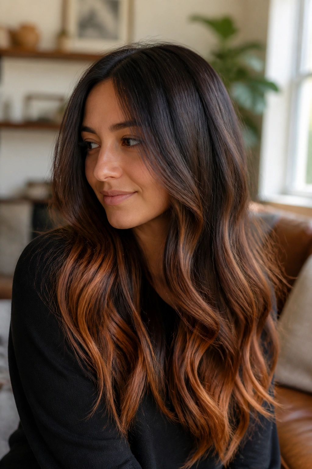 Close-up of a woman with cinnamon ribbon ends in brunette hair