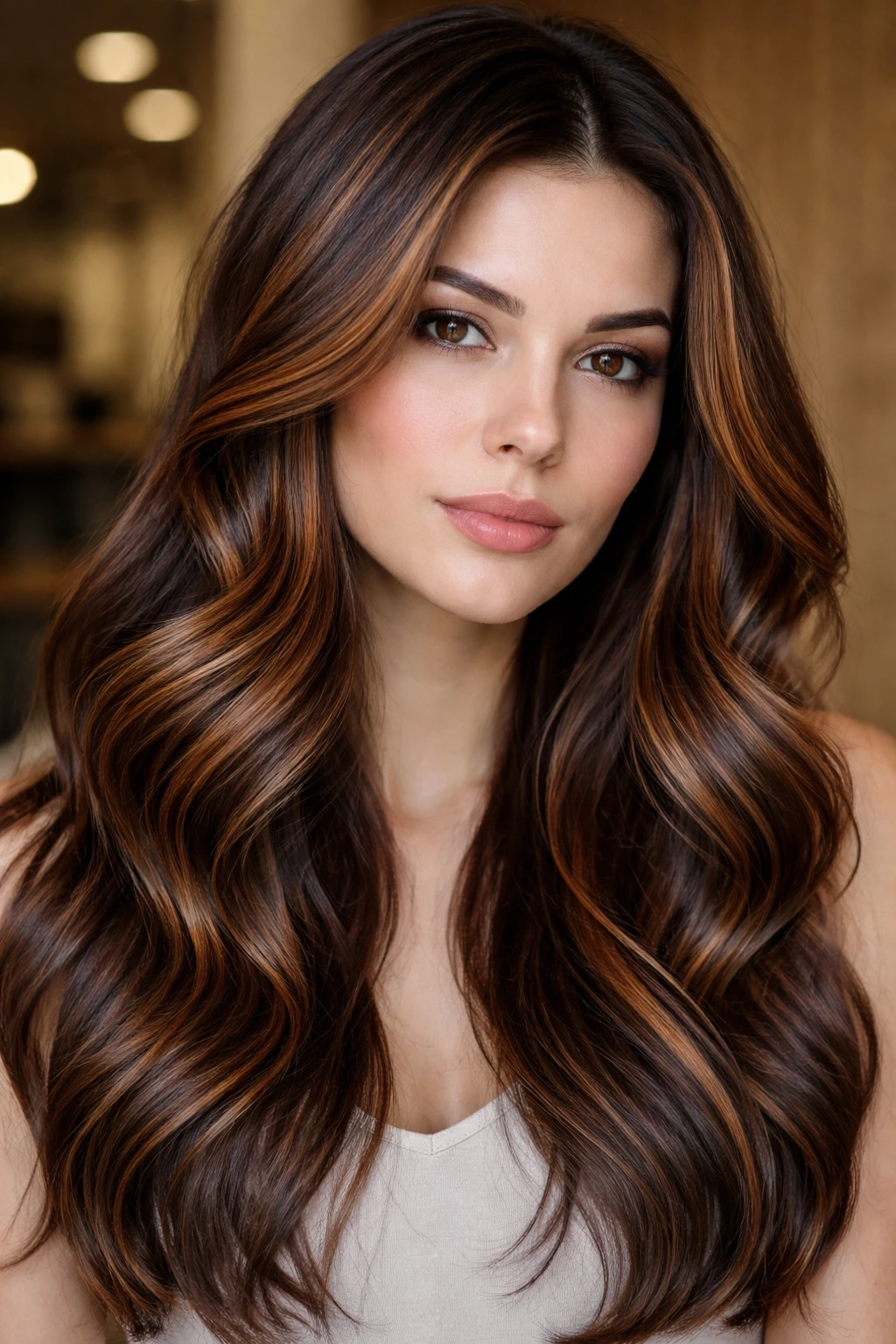 Real woman with cinnamon ribbon highlights in cool brown hair