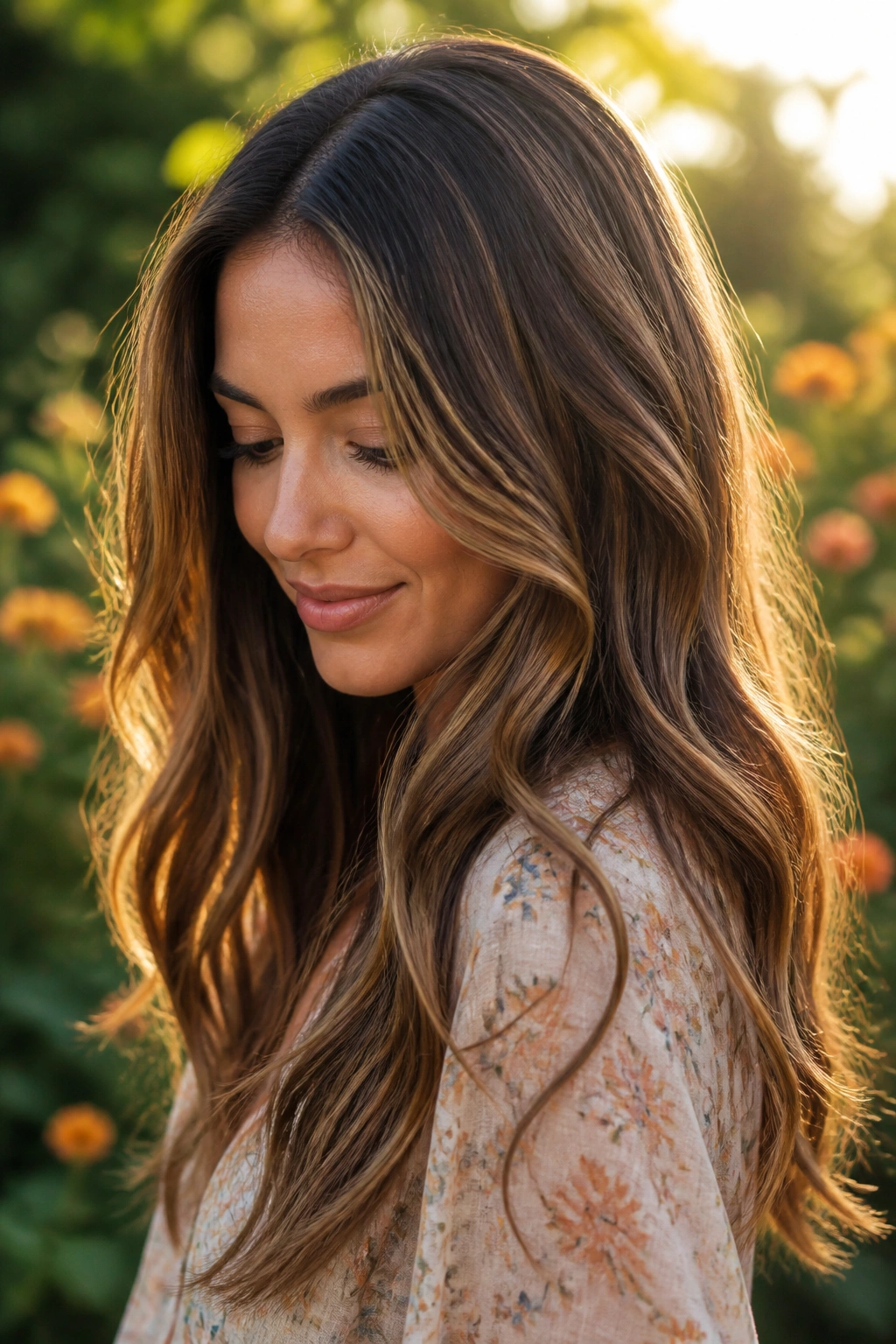 Portrait of a real woman with cinnamon ribbon waves and caramel ribbons through mid-lengths