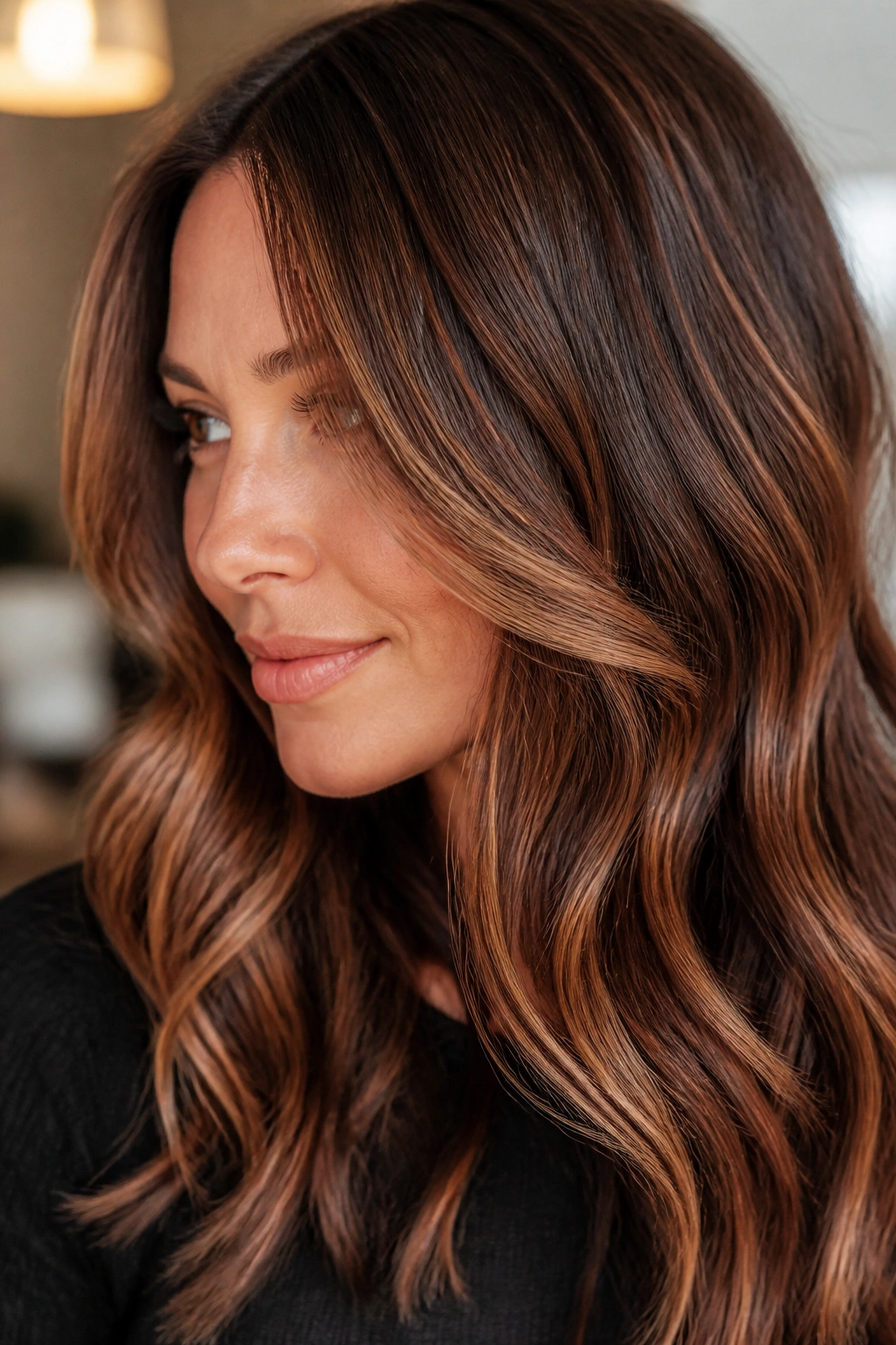 Close-up of a real woman with soft cinnamon ribbons woven into brown hair at the crown