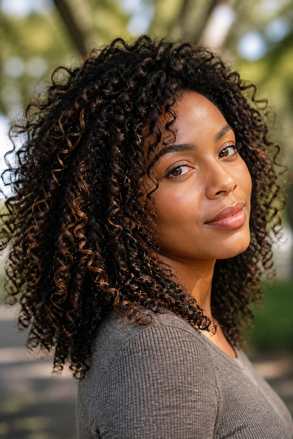 Close-up portrait of a real woman with black curls and cinnamon ribbons.