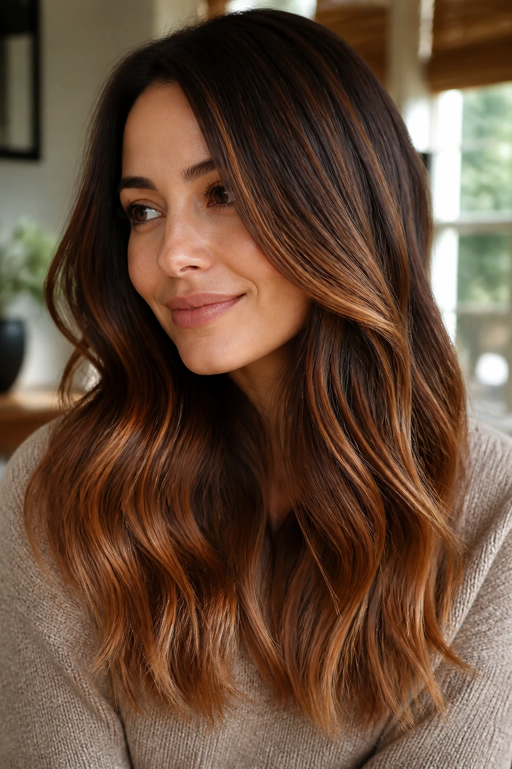 Close-up of brunette with cinnamon ribbons on warm base