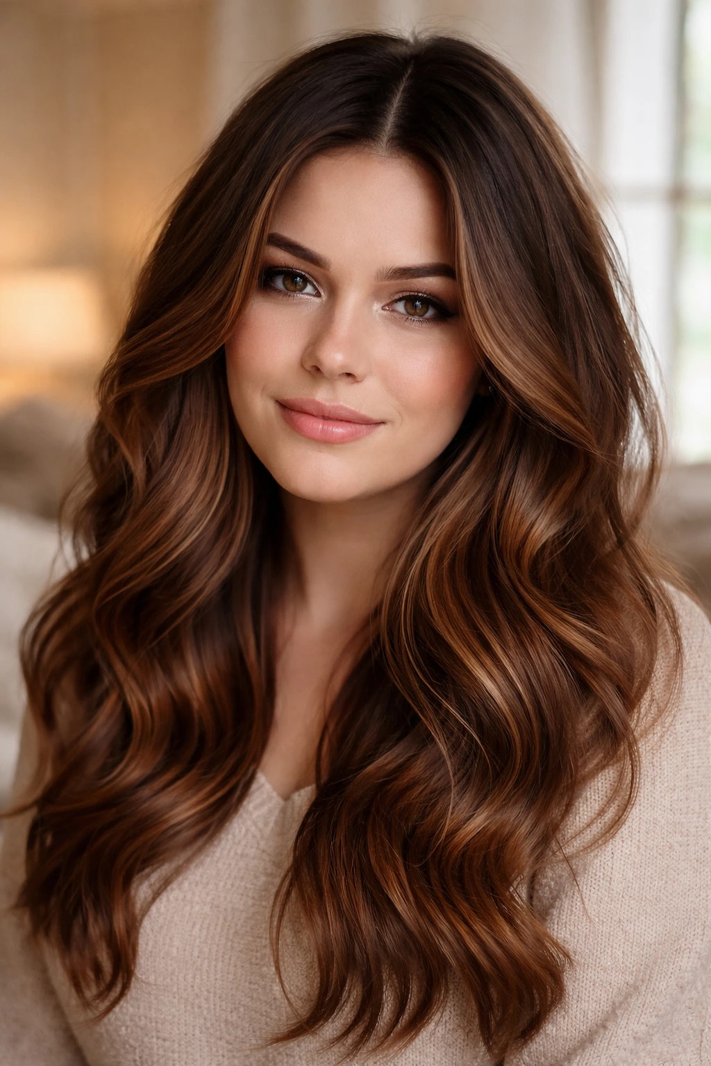 Close-up of a real woman with cinnamon-root melt color blending espresso roots into cinnamon ends, warm window light
