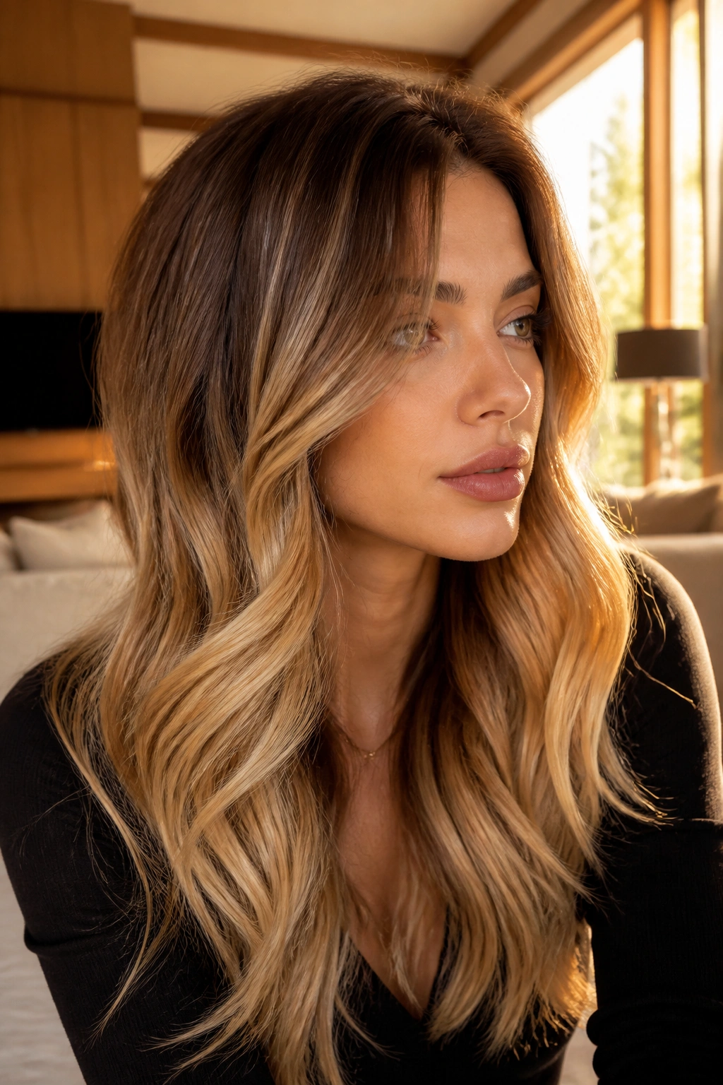 Portrait of a real woman with cinnamon root melt to golden blonde ombre.