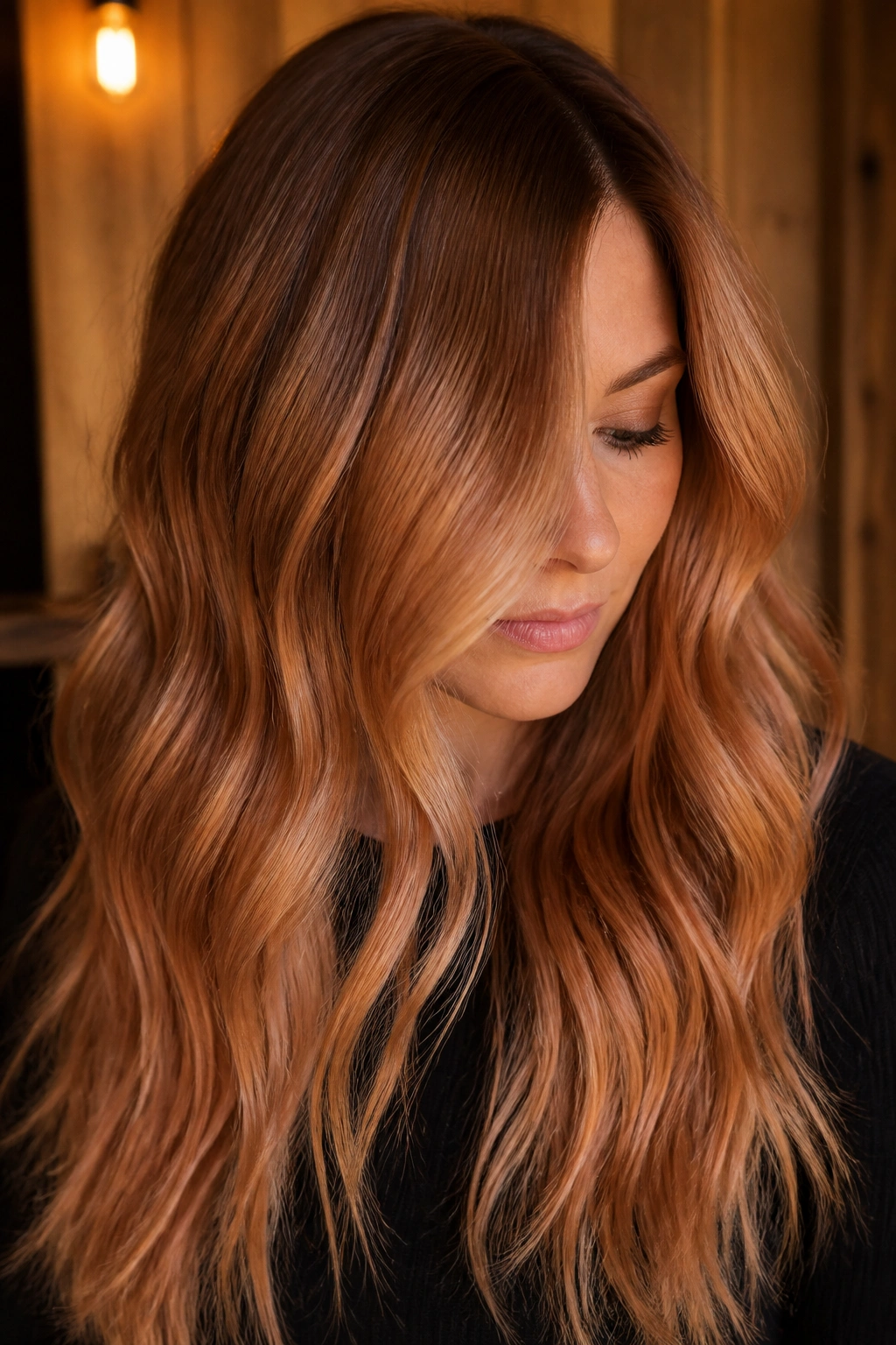 Close-up of cinnamon-root shadow fading into warm strawberry blonde on long hair