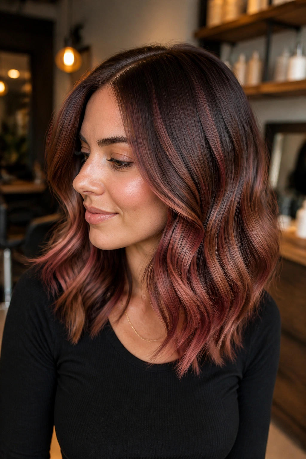 Close-up of a real woman with cinnamon rose balayage on brunette hair