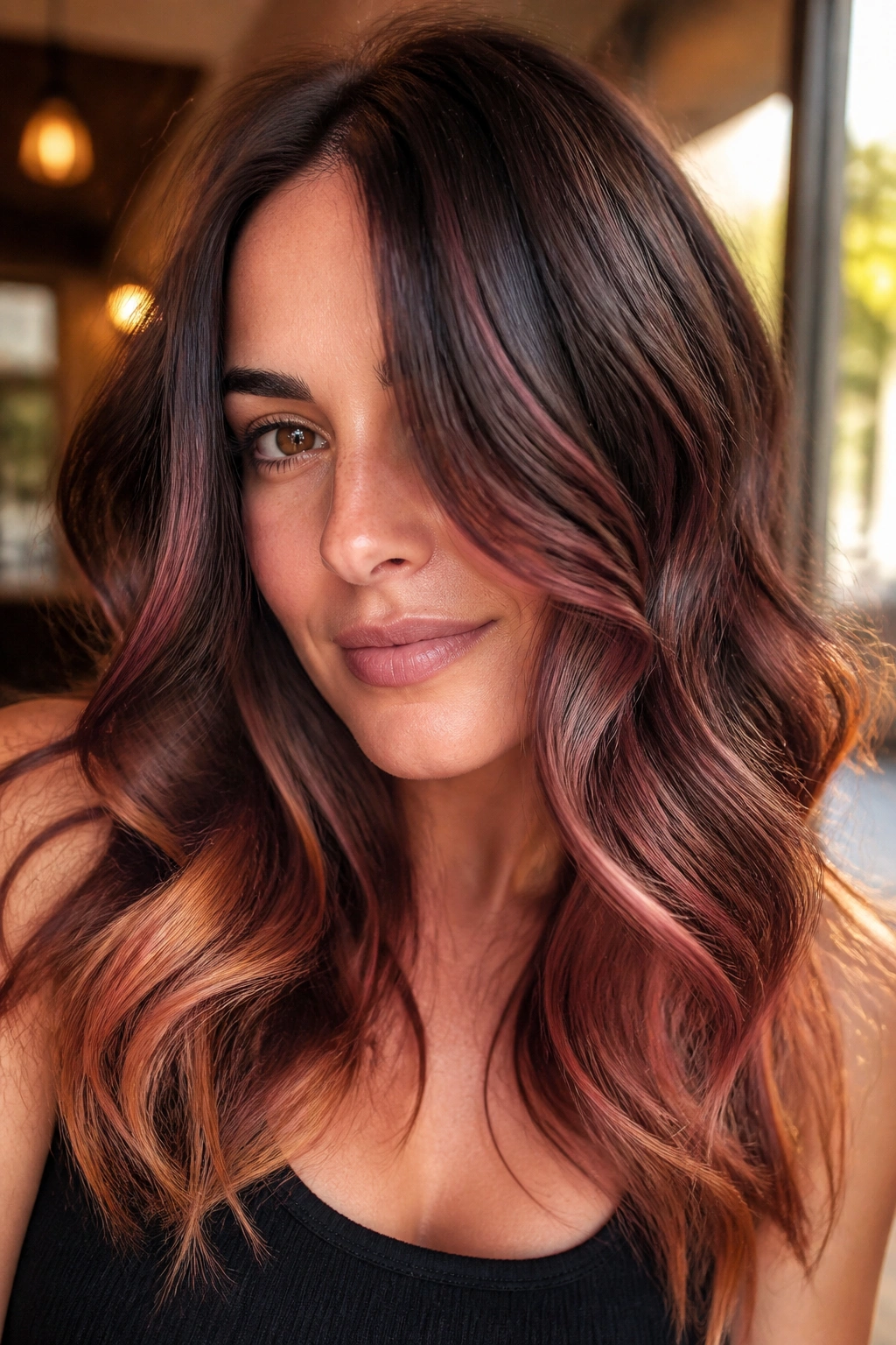 Brunette hair with cinnamon ends and rose mid-lengths in soft waves