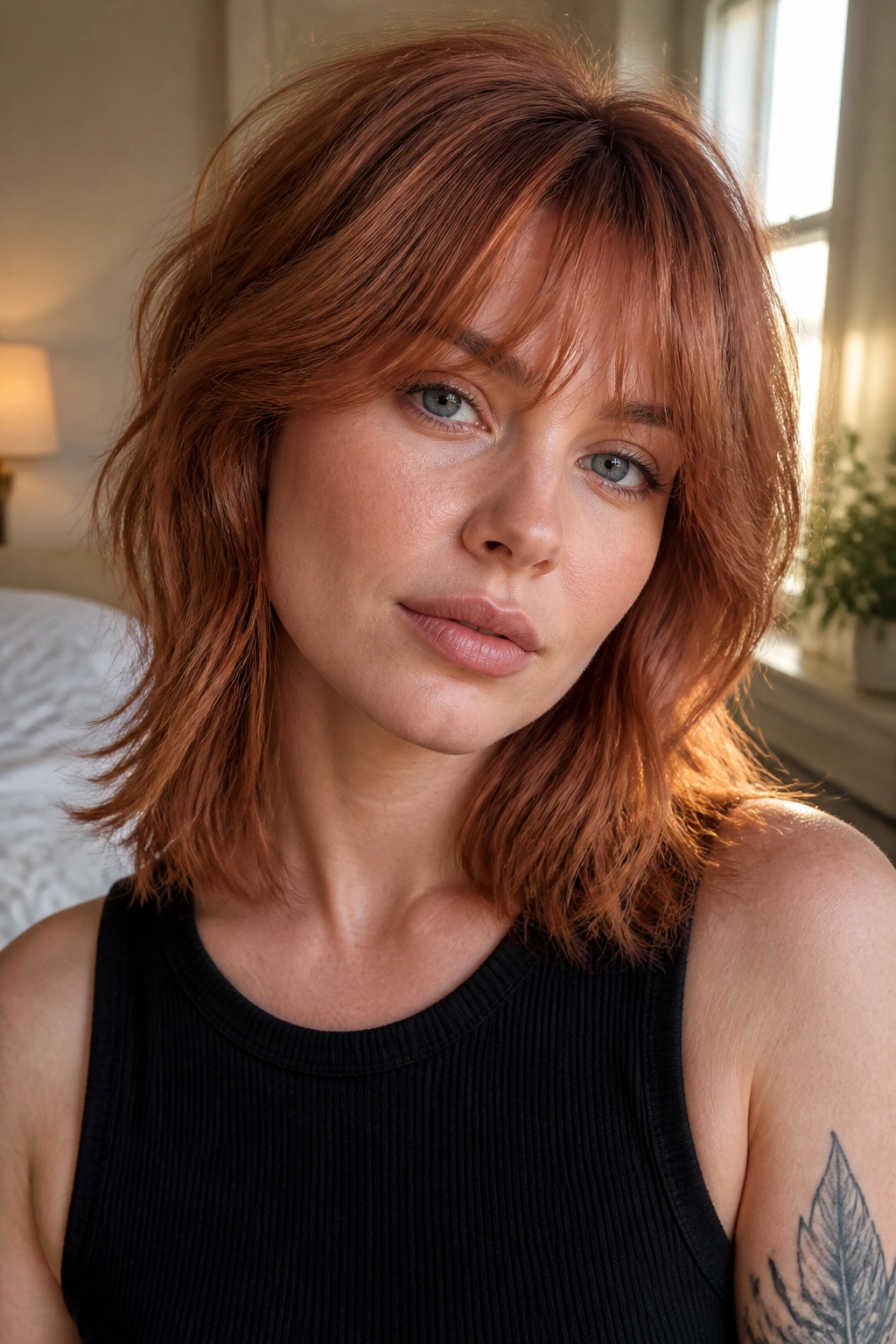 Close-up of Cinnamon-Rose Copper Shag on a real woman with rosy copper tones and airy crown layers.