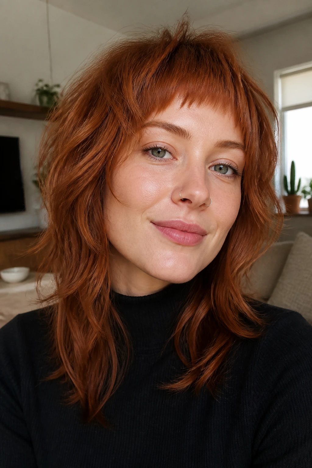 Portrait of a real woman with cinnamon shag and micro fringe in soft daylight