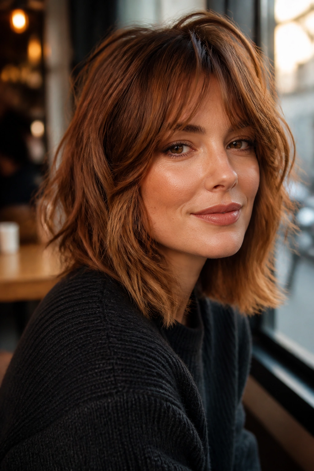 Real woman with cinnamon shoulder-length shag