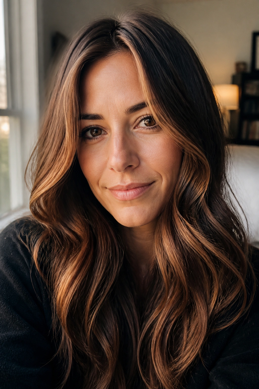 Close-up portrait of a real woman with cinnamon spice highlights in mid brown hair