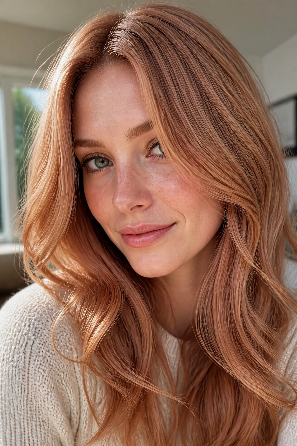 Close-up portrait of a real woman showcasing Cinnamon Strawberry Blonde hair in soft daylight