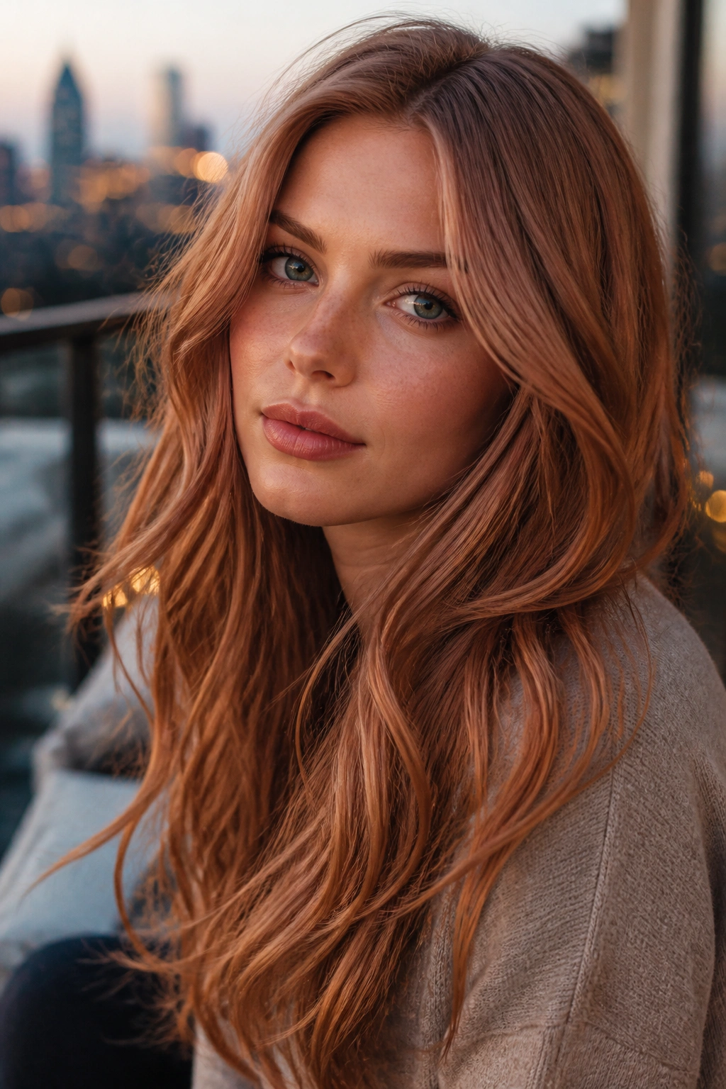 Close-up portrait of a real woman with cinnamon strawberry blonde and cool depth.