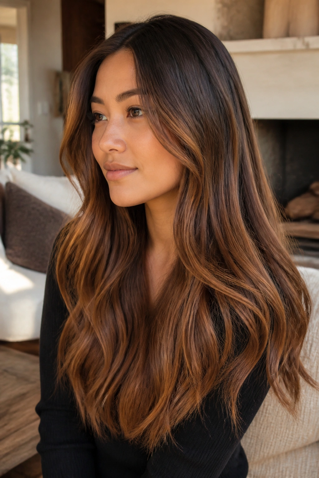 Portrait of a real person with cinnamon sugar brown ombre and soft waves