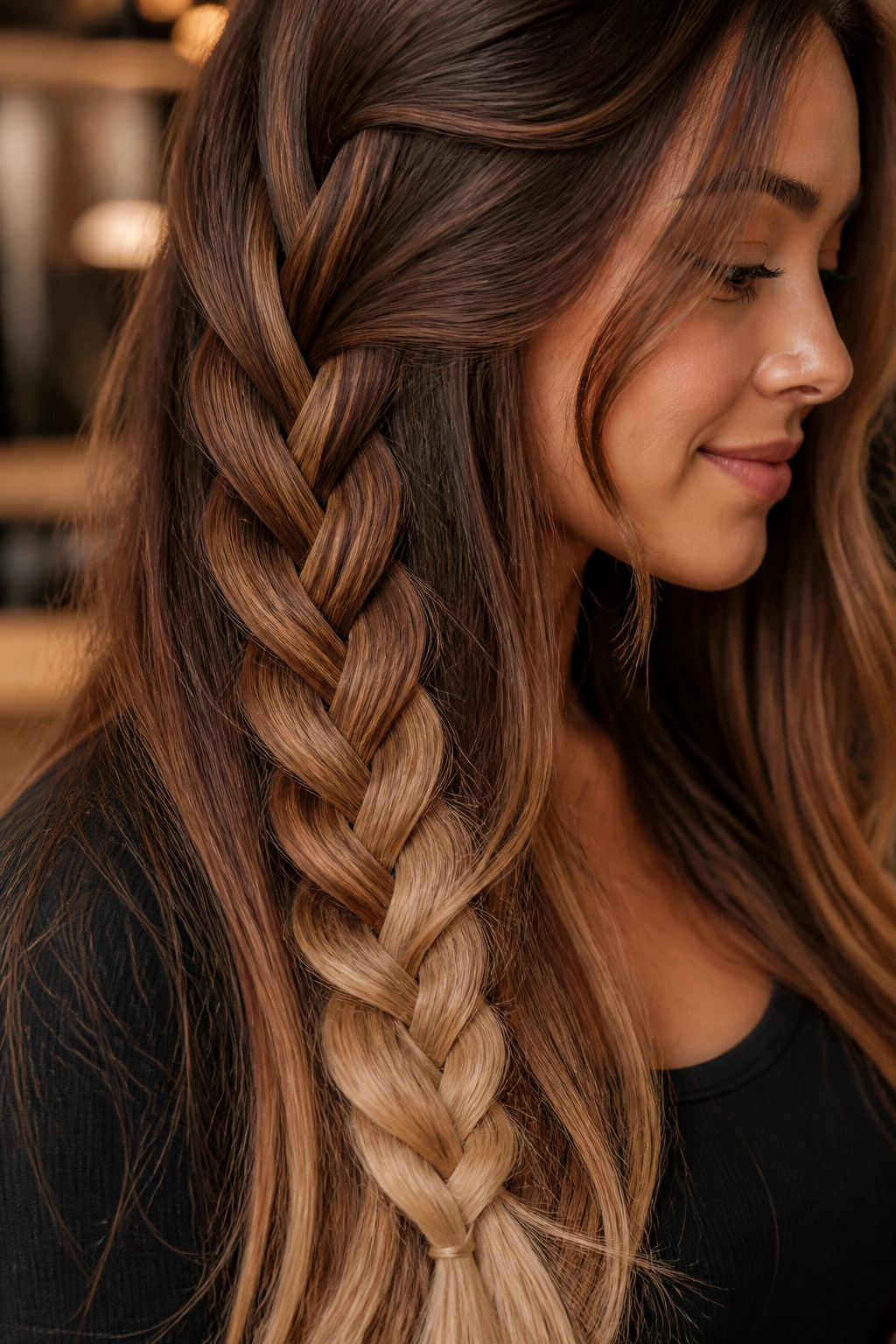 Close-up of a woman with cinnamon sugar ombre braided texture