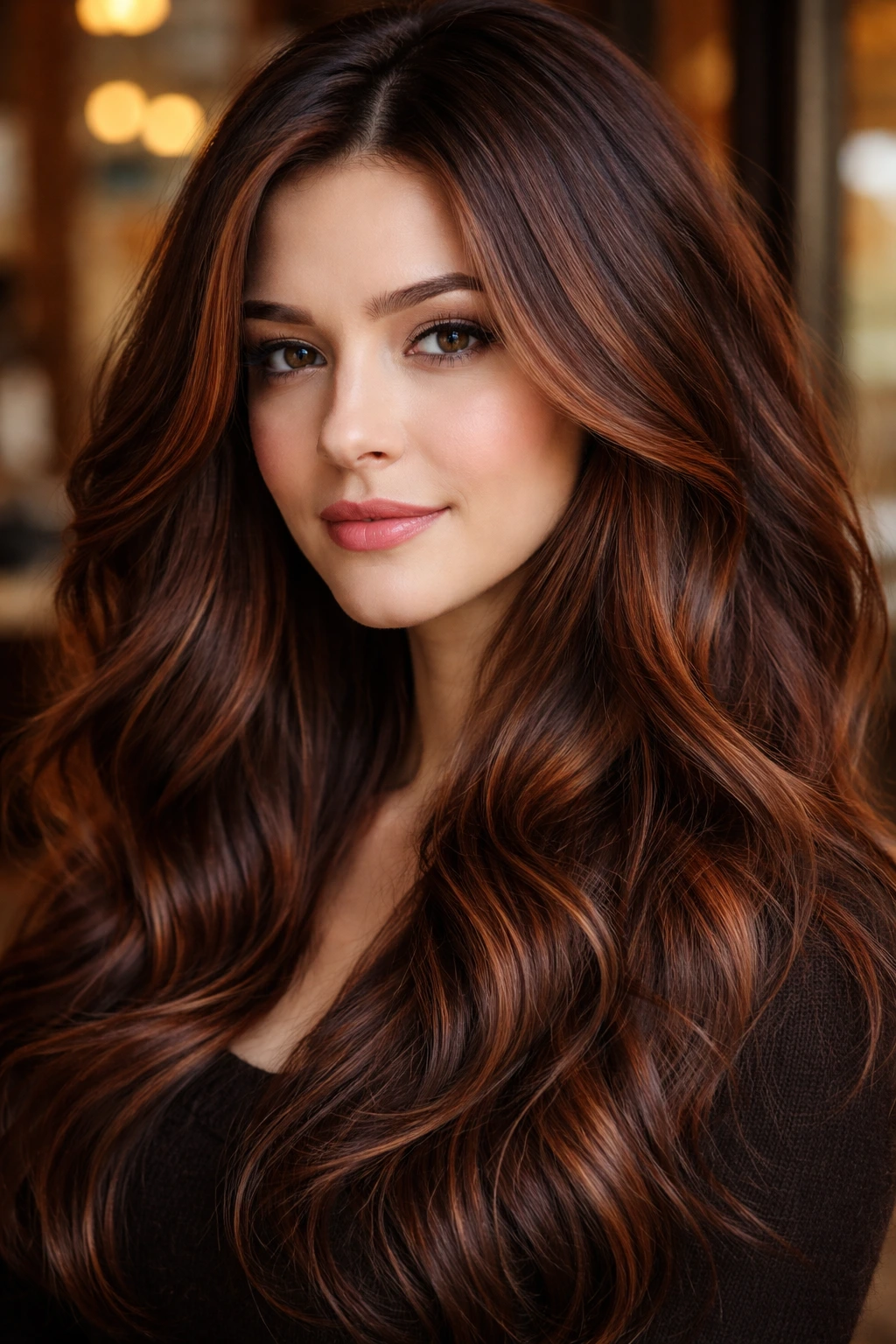 Close-up of real woman with cinnamon sunset lowlights in dark brown hair.