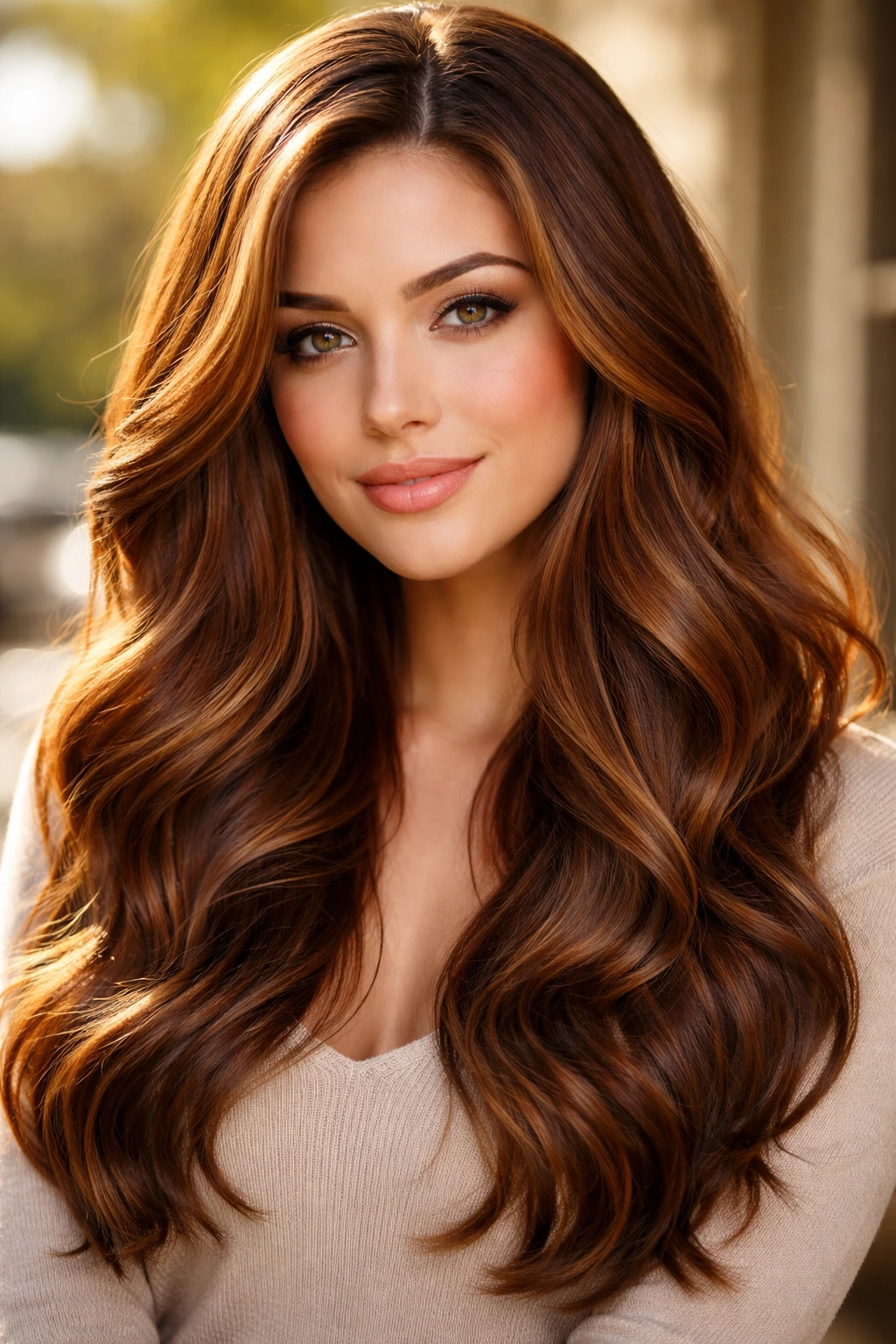 Real woman with cinnamon swirl auburn waves and dimensional highlights in natural light.