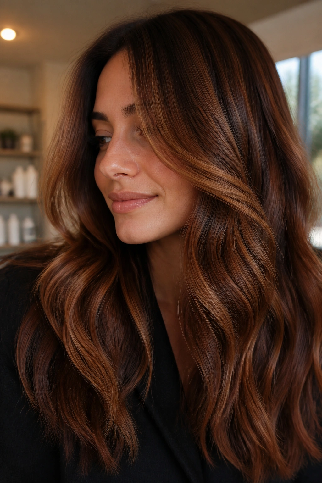 Close-up brunette with cinnamon swirl balayage