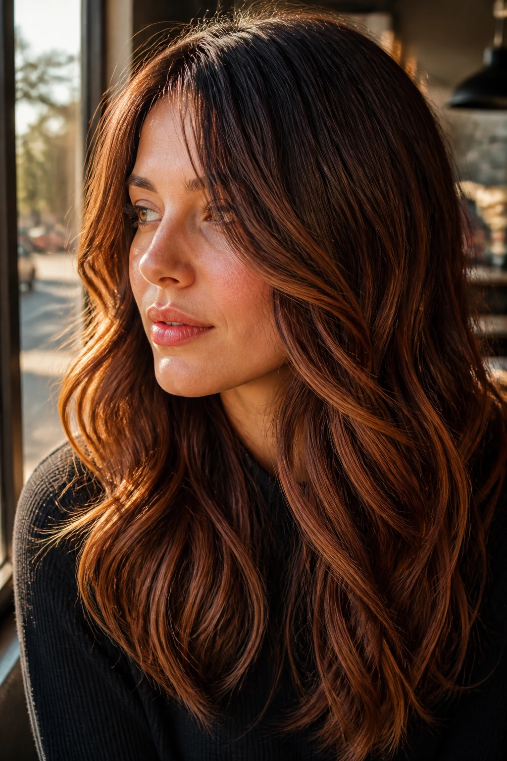 Close-up of a real woman with cinnamon swirl balayage and soft waves.
