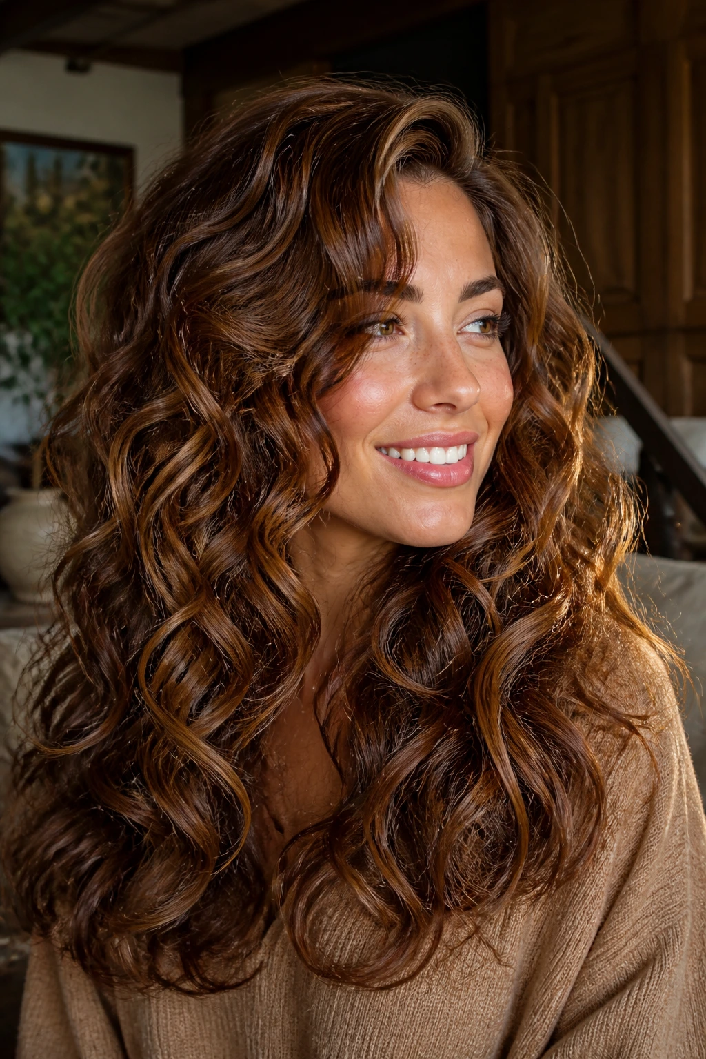 Close-up portrait of a real woman with cinnamon swirl brunette curls in natural light