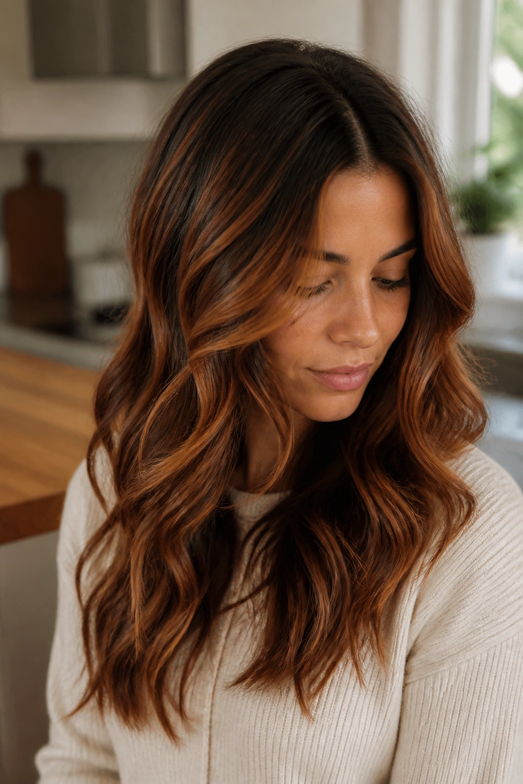 Close-up of real woman with cinnamon swirl ombre on warm wavy hair