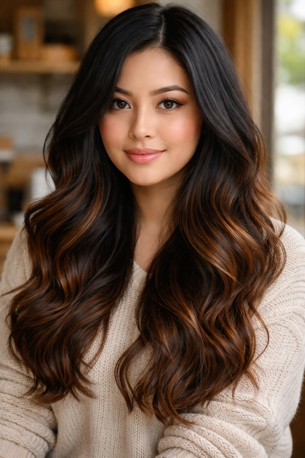 Close-up portrait of a real person with Black to Cinnamon Swirl ombre from black to cinnamon ends.