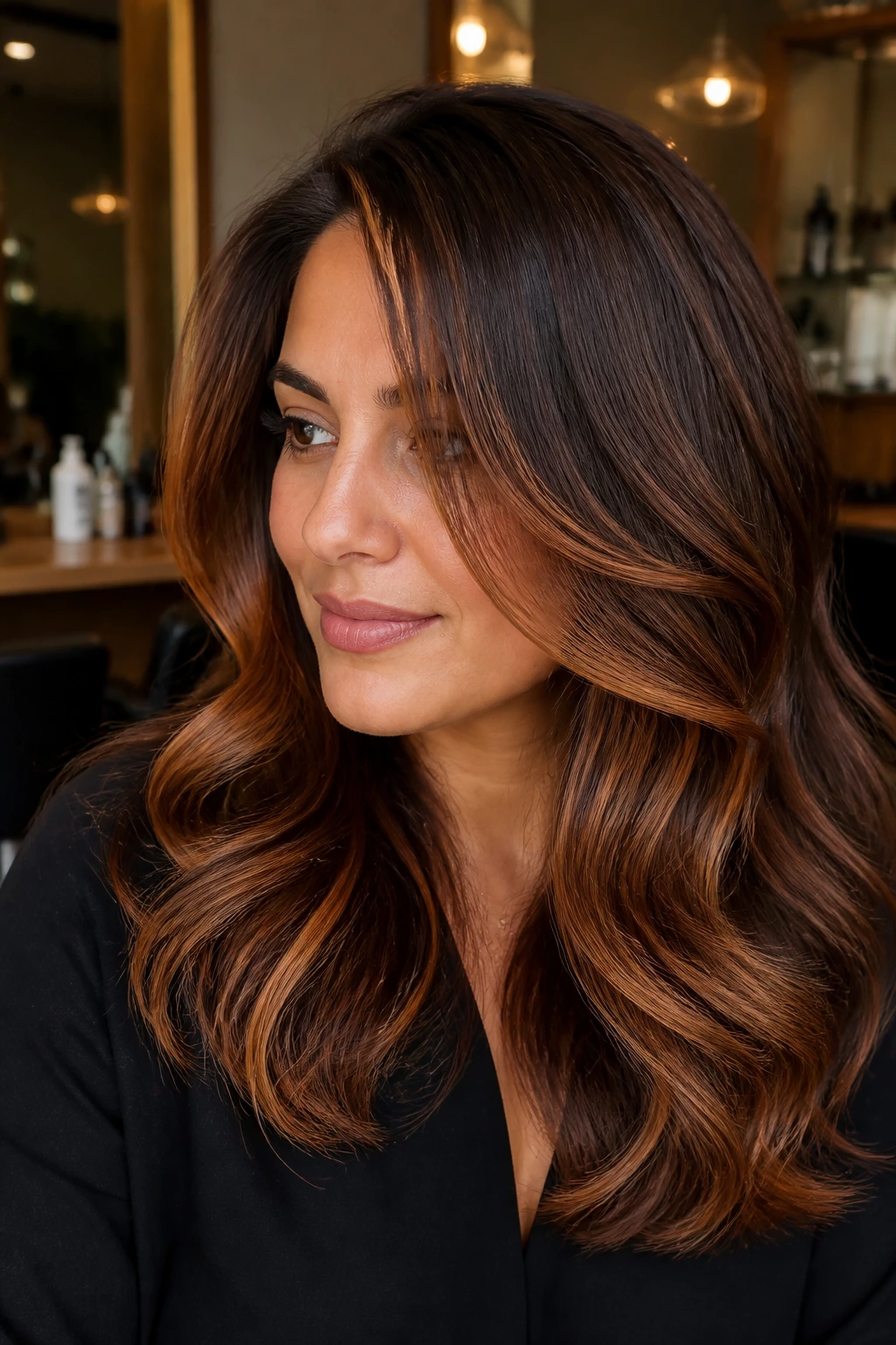 Medium close-up of brunette hair with cinnamon and toffee balayage for dimension.