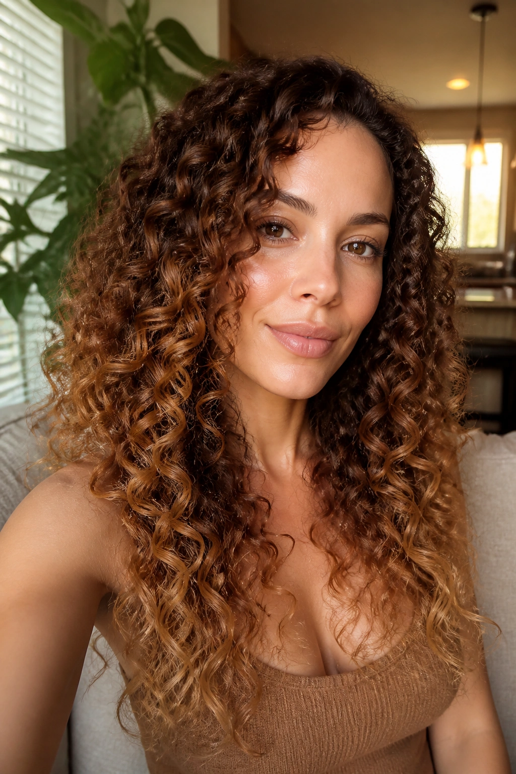 Close-up of real woman with cinnamon and toffee ombre on curly hair