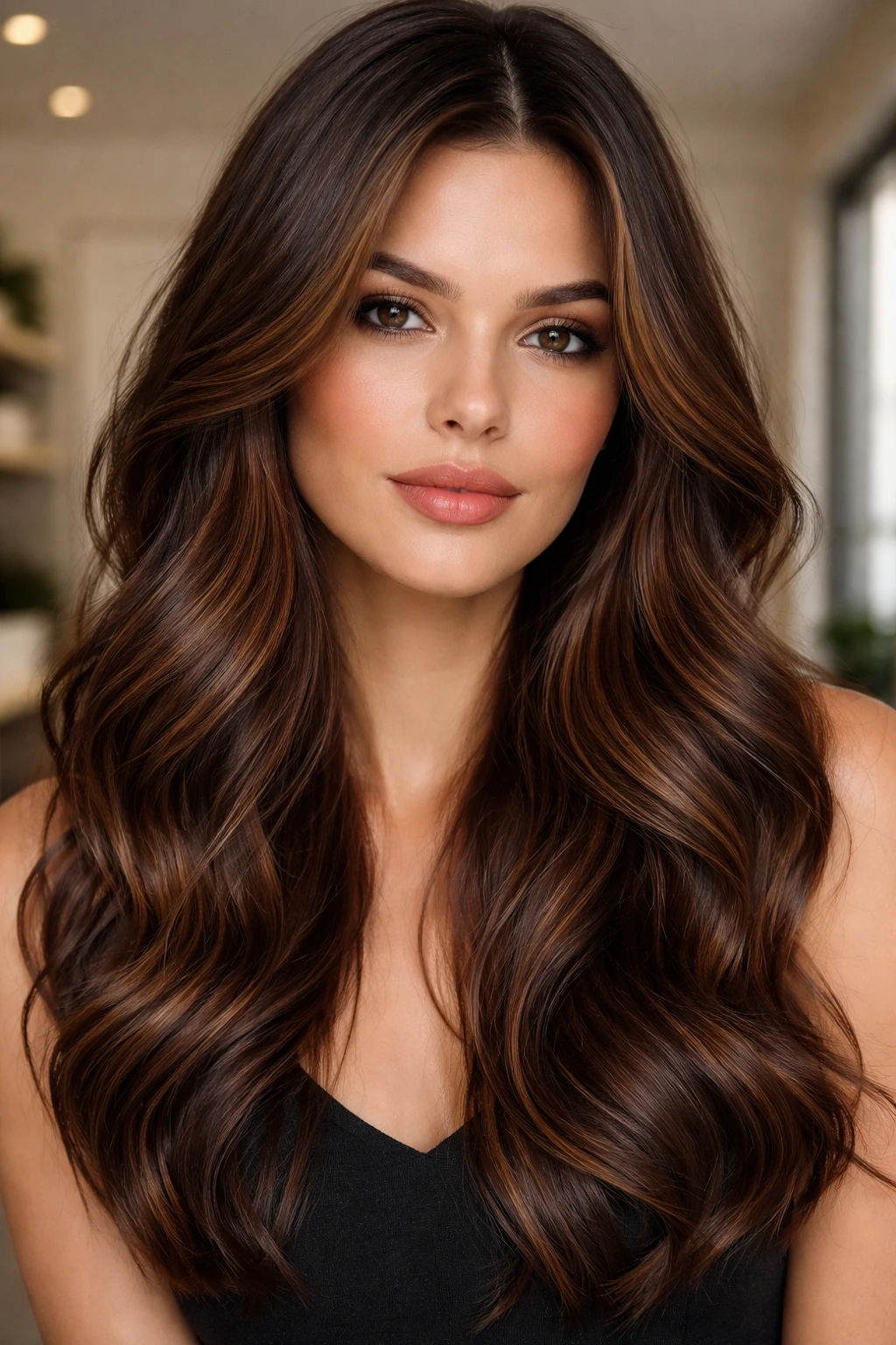 Close-up of real woman with cinnamon-truffle hair color in deep matte brown.